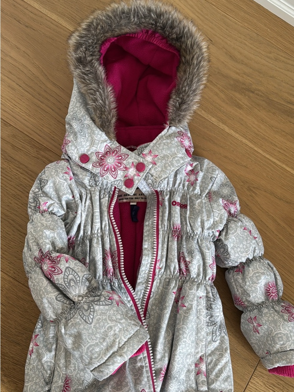 Oshkosh Girls' Grey & Pink Hooded Winter Coat with Faux Fur Trim
